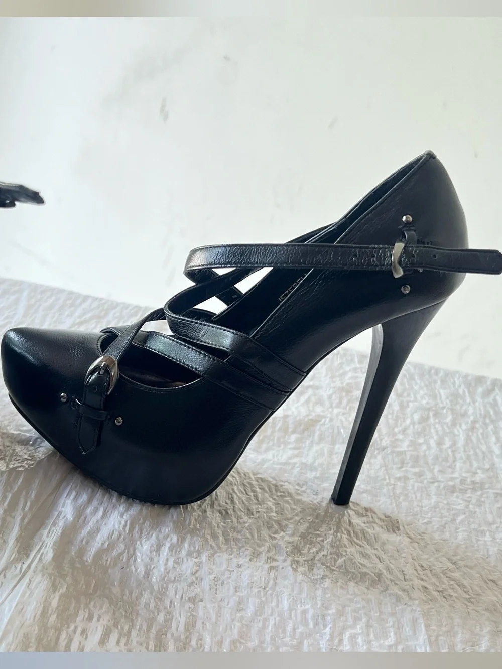 Bakers Black Cross-Strap Platform Stiletto Heels